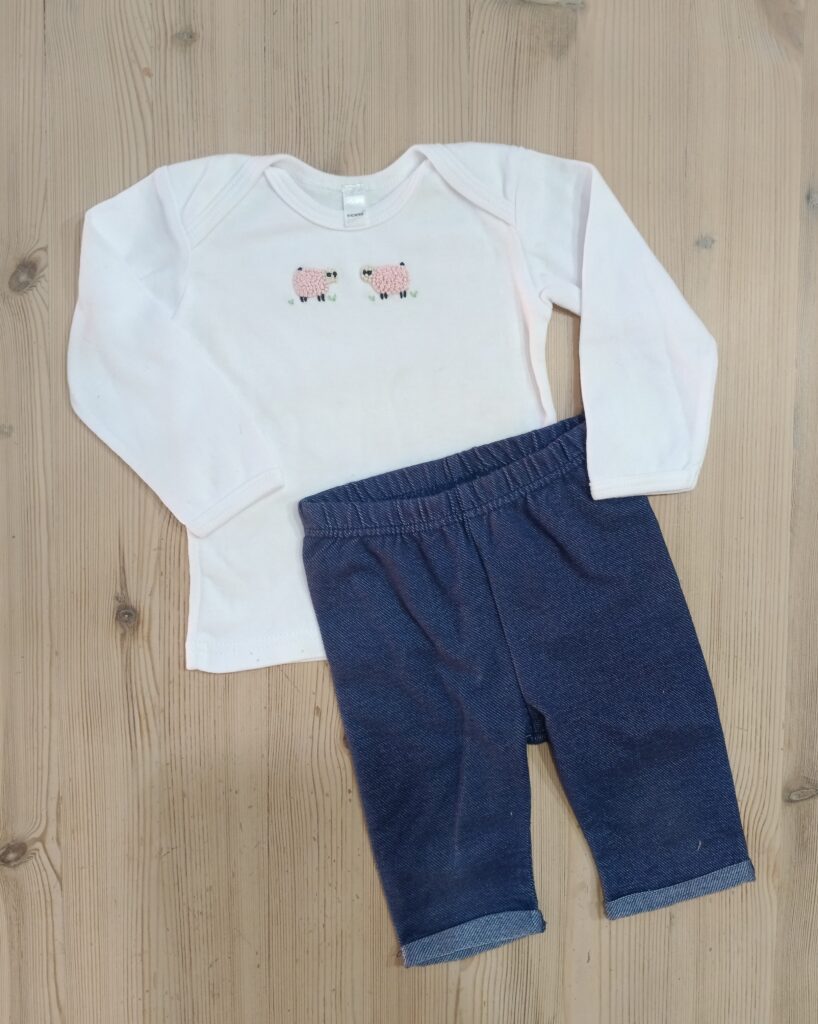6-12 months - White long sleeve top with denim outfitÂ