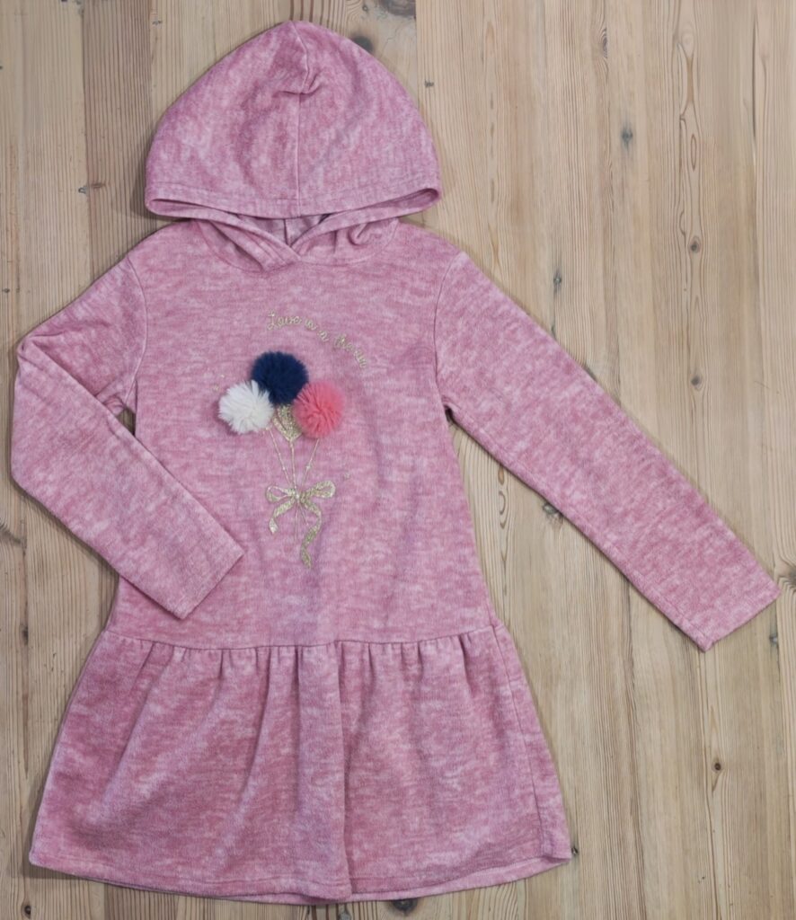 9-10 years - Pink fleece dress with pompoms